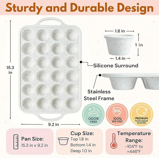 2-Pack Mini Muffin Pan – 24-Cup Silicone Mini Muffin Pans for Baking with Metal-Reinforced Handles – Nonstick, BPA-Free Silicone Muffin Tray for Mini Cupcakes & Snacks – Dishwasher Safe, Cream