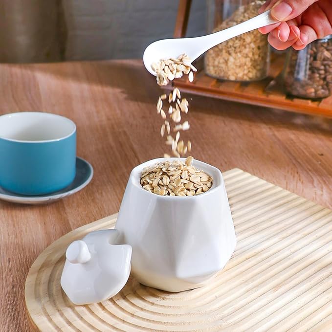 Ceramic Sugar Bowl with Lid and Spoon, Rhombus Porcelain Salt Storage Jar, White Seasoning Container for Home and Kitchen, 10 Ounces (Rhombus)