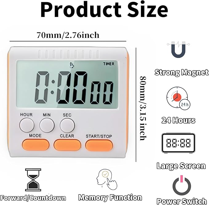 24 Hour Digital Timer Magnetic Kitchen Timer with Clip Large Screen Alarm Clock Refrigerator Magnet for Small Cooking Hour Timers and Home Use Perfect for Fridge and Stove (Orange)