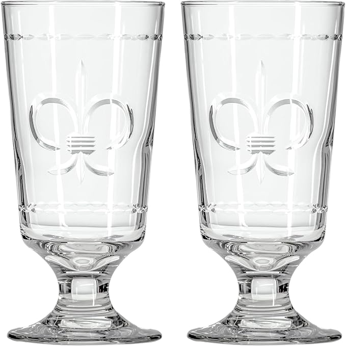 Rolf Glass Fleur De Lis Footed Highball Glass | Set of 2 10oz Footed Cocktail Highball Tumbler | Lead-Free Diamond-Wheel Engraved Glass | Made in the USA