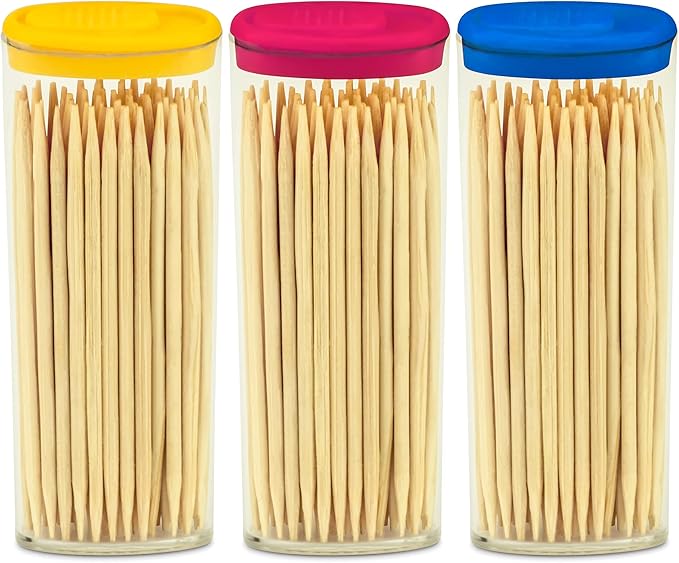 DecorRack 6 Travel Toothpick Dispensers with 300 Natural Bamboo Toothpick Holders, Portable Single-Point Wood Container with Covers, On the Go, Clear Mini Holders (Pack of 6)
