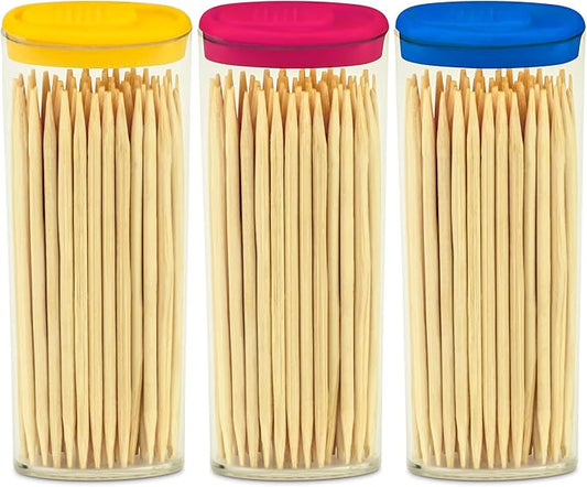 DecorRack 6 Travel Toothpick Dispensers with 300 Natural Bamboo Toothpick Holders, Portable Single-Point Wood Container with Covers, On the Go, Clear Mini Holders (Pack of 6)