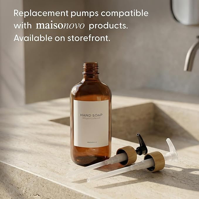 MaisoNovo Glass Hand Soap Dispenser | Dish Soap Dispenser for Kitchen | 16.9oz Amber Bottles with Black Bamboo Pump | Bathroom Lotion Dispenser