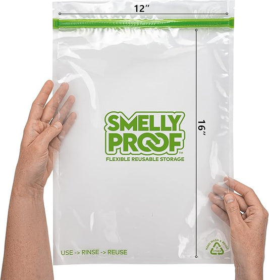 Smelly Proof Reusable Food Storage Bags, Reusable Freezer Bags, MADE IN USA, Dishwasher-Safe, BPA FREE, NO PEVA, 3-mil Thick Bags Extra Large+ Clear Flat 2-Gallon 12” x 16”, 5-Pack