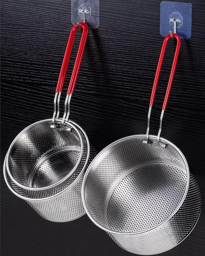 Tenta Kitchen Pasta Strainer Boiling Blanching Colander Vegetable Steamer Basket Stainless Steel Fryer Basket with Removable handle Insert for Veggie Fish Seafood Cooking and heat food 7 Inch