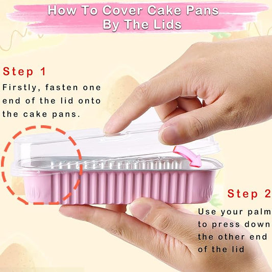 BZIDII 50 Pack Mini Loaf Pans with Lids and Spoons, 6.8 Oz Mini Cake Pans with Lids for Baking,Pink Disposable Rectangle Aluminum Foil Loaf Pan with Ribbon Stickers,Small Cake Containers Tin(Pink)