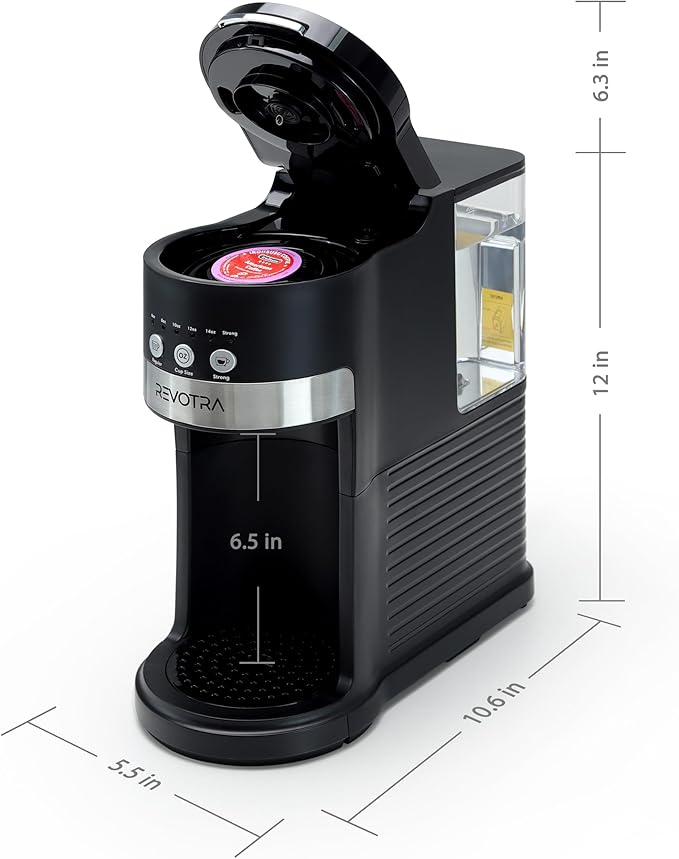 REVOTRA Single Serve Coffee Maker for Pods & Ground Coffee, 6 to 14oz Brew Sizes, Strong Brew Option, Fast Brewing, Compact Design with Removable 40oz Reservoir, Travel Mug Friendly