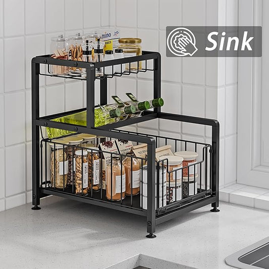 Under Sink Organizers, Pull Out Cabinet Organizer and Storage, Kitchen Cabinet Storage Shelf, Slide Out Spice Rack Organizer, Slip-Resistant Organizer Shelves with Drawer Design (Black, 3Tier)