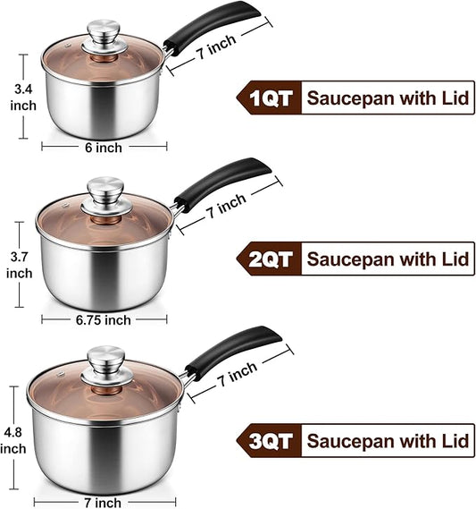 LIANYU 1QT & 2QT & 3QT Saucepan Set with Lids, 18/10 Stainless Steel Sauce Pan Cookware Sets, Kitchen Cooking Small Pots with Long Heatproof Handle, Easy Clean & Dishwasher Safe
