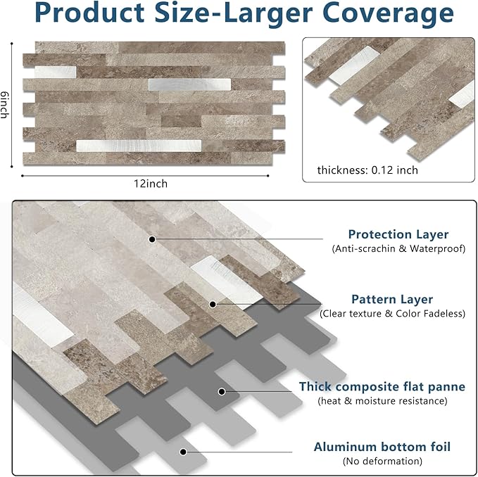 Yipscazo 40 Sheets PVC Wall Tiles Stick on Tiles for Backsplash Kitchen, Bathroom, Laundry Room, Camper, Fireplace (6'' X 12'', Brownish Stone)