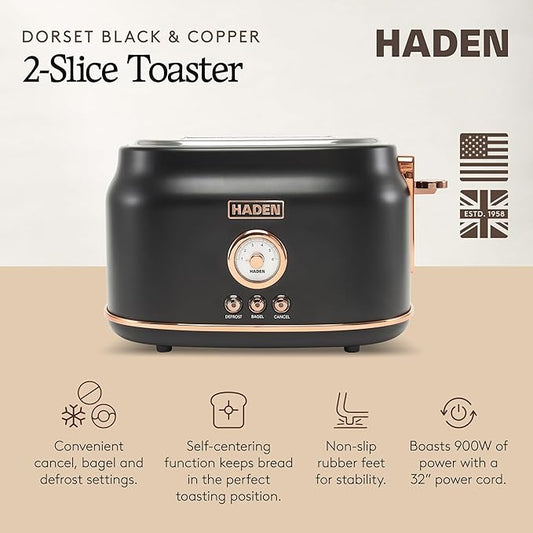 Haden Dorset 2-Slice Wide-Slot Toaster, Stainless-Steel Bread Toaster with Adjustable Browning Control, Crumb Tray & Non-Slip Feet, Black & Copper