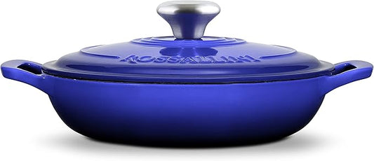 ROSSALLINI Signature Enameled Cast Iron Braiser, Non-Stick Serving Pot with Tight Fitting Lid for Perfect Roasting, Baking, Sauteing, Searing, and Pan Frying | 3.5Q (3.3L) - Indigo Blue