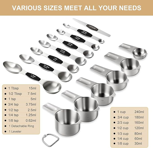 Stainless Steel Measuring Cups & Spoons Set, EWFEN Kitchen Tools Nesting Measuring Cups and Spoons, Set of 15 with Leveler, Black