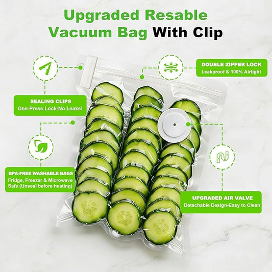 Vacuum Sealer For Food and Vacuum Sealer Bags Large(11.8×13.4in), 40 Reusable Vacuum Sealer Bags for Food and 2 Seal Clips for 10X Preservation & Fresh (Not Contain Vacuum Sealer)-Large Bags