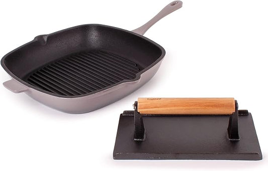 Berghoff Neo 2Pc Enameled Cast Iron Grill Set, Grill Pan 11 inches, Bacon/Steak Press 8 inches, Fast, Evenly Heat, Oven safe (Oyster)