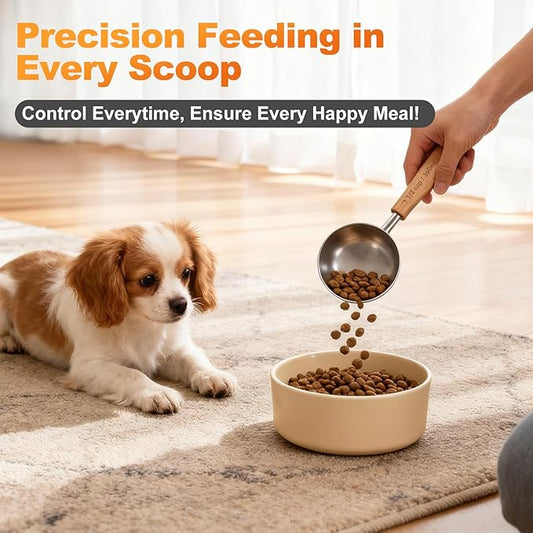 1PCS 1Cup(240ml | 8oz) Dog Cat Food Scoop, 18/8(304) Stainless Steel Measuring Cup with Wooden Handle, Etched Measurements Inside, BPA Free Portion Control for Pets & Kitchen Use