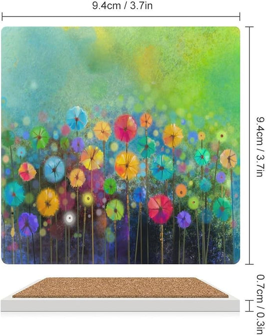 Square-4PCS Floral Drink Coasters, Square Modern Ceramic Absorbent Coasters, Watercolour Abstract Wildflower Nature Plant Colorful Floral Decor Desk Coffee Table Coaster for Beverage Cup Tea Coasters