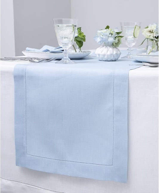 Solino Home Linen Sky Blue Table Runner 156 Inches Long - 100% Pure Linen Extra Long Table Runner 14 x 156 Inch for Spring, Easter - Classic Hemstitch