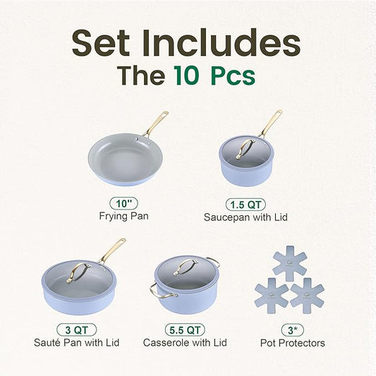 Chef Power Ceramic Cookware Sets, 10Pcs Pots and Pans Set Non Stick, Cookware Set with Stainless Steel Handle, Dishwasher & Oven Safe, Blue Gray and Granite Grey