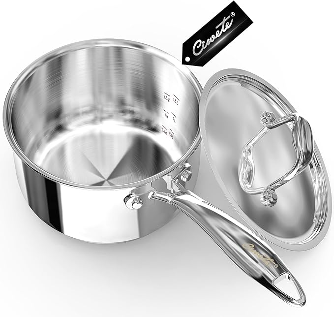 Ciwete 2 Quart Sauce Pan with Lid, Tri Ply Stainless Steel Saucepan 2 Qt with Stainless Steel Lid, 2 Measuring Lines, Upgraded Packaging, Cool Ergonomic Handle, Dishwasher & Oven Safe