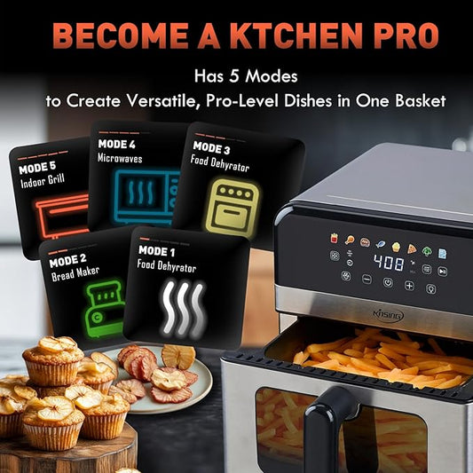 KINSING Air Fryer with Window Visible 8-in-1,Compact & Large 7.5-Qt,Up to 85% Less Oil,Roast, Bake, Dry, Reheat, Frozen, Broil,160-400℉ Even Results With Precise Temperature Control,Whole Metal Cover