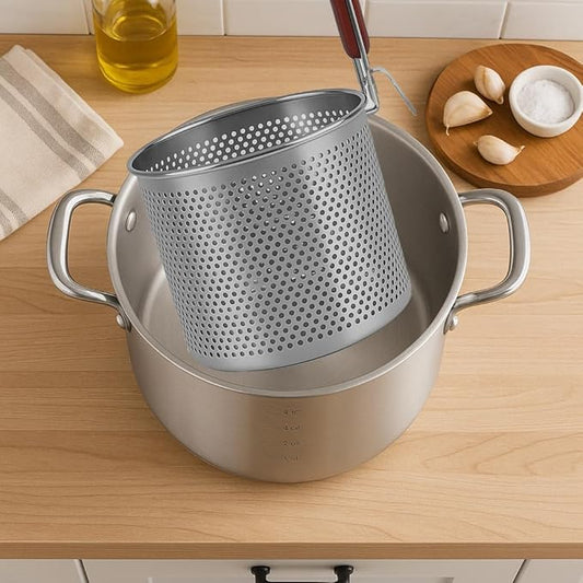 Mesh Pasta Basket Food Strainer Insert For Pot, Colander with Round Wooden Handle Stainless Steel Mesh Spider Strainer for Pasta Noodles Dumpling Vegetable
