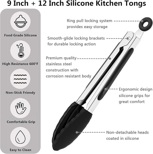 Kitchen Tongs for Cooking with Non-Stick Silicone Tips, 600°F Heat Resistant Silicone Cooking Food Tong Set Heavy Duty Stainless Steel Handle for Baking Grilling BBQ Salad Serving, 9" and 12"