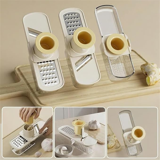 Multifunctional Garlic Grinder & Mandoline Slicer, 3-in-1 Mini Safe Garlic Slicer & Mandoline Slicer, Vegetable and Cheese Shredder, Stainless Steel Mandoline Cutter with Container (Beige+Green)