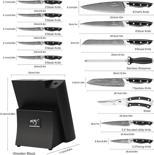 Damascus Kitchen Knife Set, 15-Piece Kitchen Knife Set with Block, ABS Ergonomic Handle for Chef Knife Set and Serrated Steak Knives Knife Sharpener and Kitchen Shears, 14 Slots Wooden Knife Block