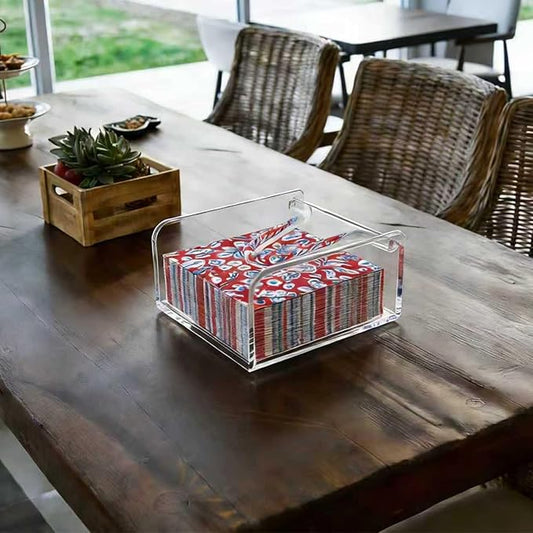 Clear Acrylic Gravity-Fed Napkin Holder with Weighted Arm, 4.9x4.9 Inch - Keeps Cocktail Napkins in Place for Bar, Patio & Kitchen Counter