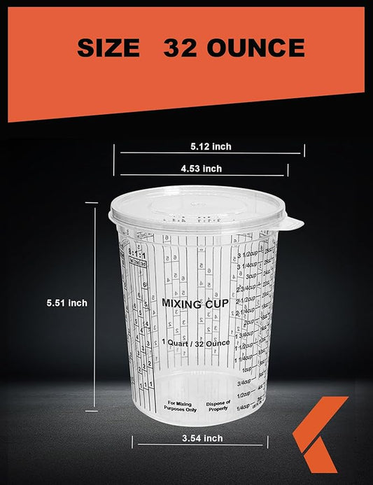32 OZ Paint Mixing Cups Disposable Flexible Clear Graduated Plastic Measuring Cups Box of 24 Cups & 4 Lids Use for Automotive Painting, Epoxy Resin, Acrylic Arts, Kitchen - Mixing Ratios