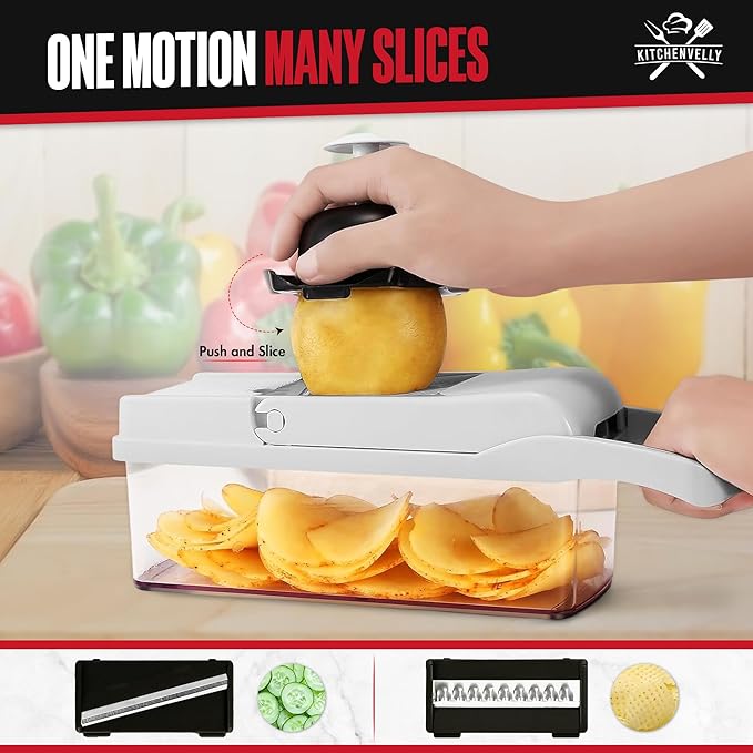 26-in-1 Vegetable Chopper with 8 Blades, Veggie Slicer & Dicer, Onion Chopper, Salad Chopper, Multi-Purpose Food Chopper with Container & Lid for Easy Meal Prep (Black & White)