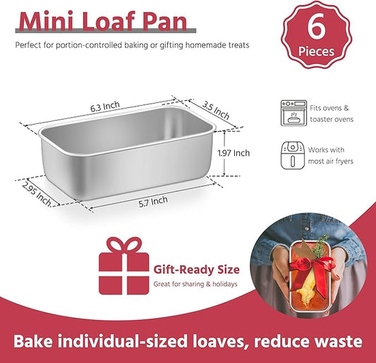 E-far Mini Loaf Pan Set of 6, Small Stainless Steel Bread Baking Pans for Oven, 6.3 x 3.5 Inch Tiny Meatloaf Pans for Homemade Bread Pound Cake Brownies, Non-toxic & Dishwasher Safe
