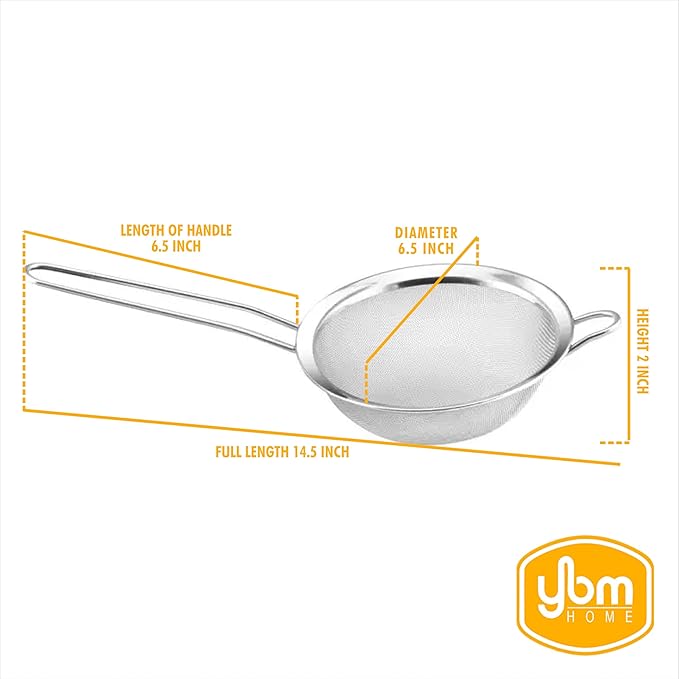 YBM HOME Stainless Steel Fine Mesh Strainer Colander Sieve with Handle for Rinsing Grains Beans Rice Fruits, 6.5 inch