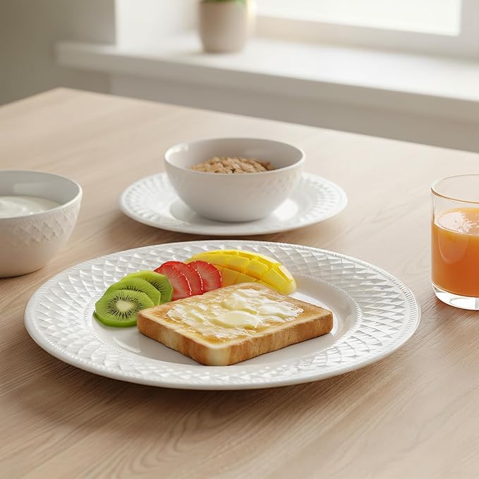 18-Piece Bone China Dinnerware Set for 6, White Porcelain Plates and Bowls with Textured Design, Lightweight Microwave Dishwasher Safe for Family Dining