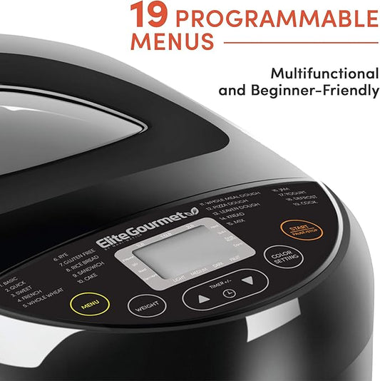 Elite Gourmet EBM8103B Programmable Bread Maker Machine 3 Loaf Sizes, 19 Menu Functions Gluten Free White Wheat Rye French and more, 2 Lbs, Black