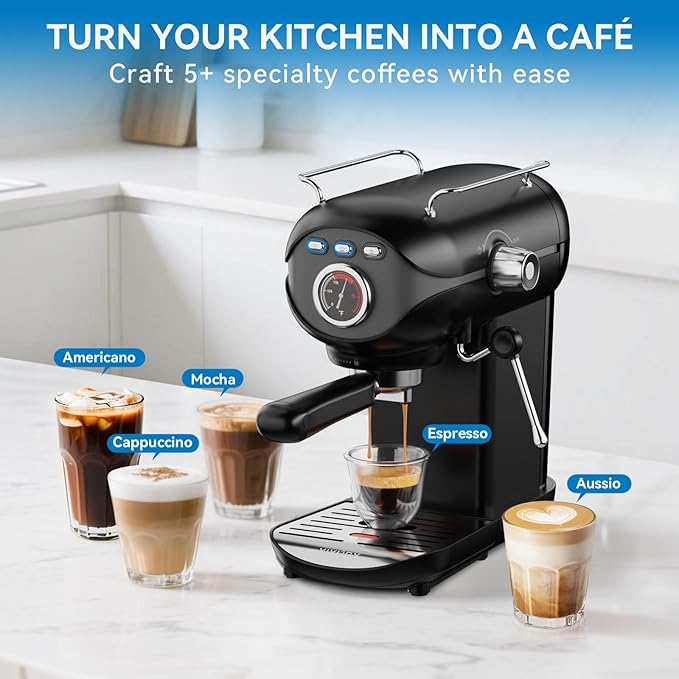 XIXUBX Espresso Machine, 20 BAR Pump Temperature Control, Compact Espresso Maker with Steam Milk Frother, Professional Coffee Makers for Home, Cappuccino, Latte, Gifts for Coffee Lover, Black
