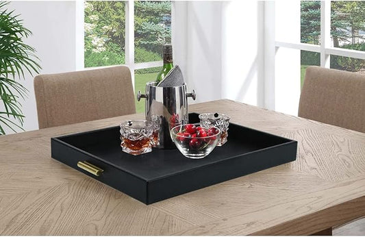 HofferRuffer Extra Large Serving Tray with Handles, Elegant Faux Leather Storage Decorative Tray for Coffee Table, Ottoman, Console Table, 20 x 16 x 2.2 inches (Black Tray+Golden Handle)