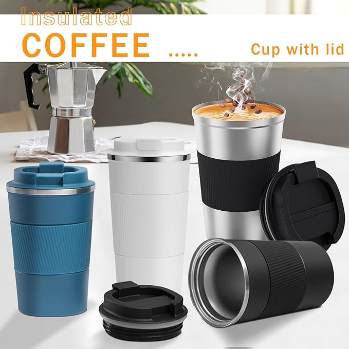 YINBAOGE Insulated Travel Coffee Mug, Spill & Leak Proof, Portable To Go Camping Stainless Steel Coffee Tumbler, Reusable Thermal Coffee Cup with Lid for Hot & Cold Drinks(Silver black, 12 OZ)