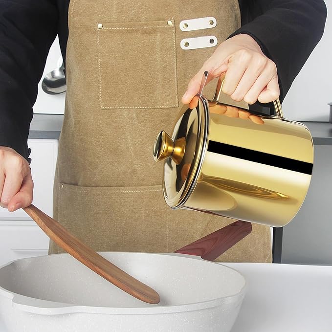 Tellshun Bacon Grease Container with Strainer 1.8 L / 60 oz Kitchen Catcher Food-grade Stainless Steel Cooking Oil Keeper with Lid and Easy-Grip Handle Suitable for Storing Frying Oil