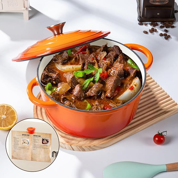 WOKINS Enameled Cast Iron Dutch Oven Pot with Lid Heavy-Duty Cookware for Bread Baking,Braising,Stews,Roasting,Oven Safe up to 500°F,5.5QT,orange