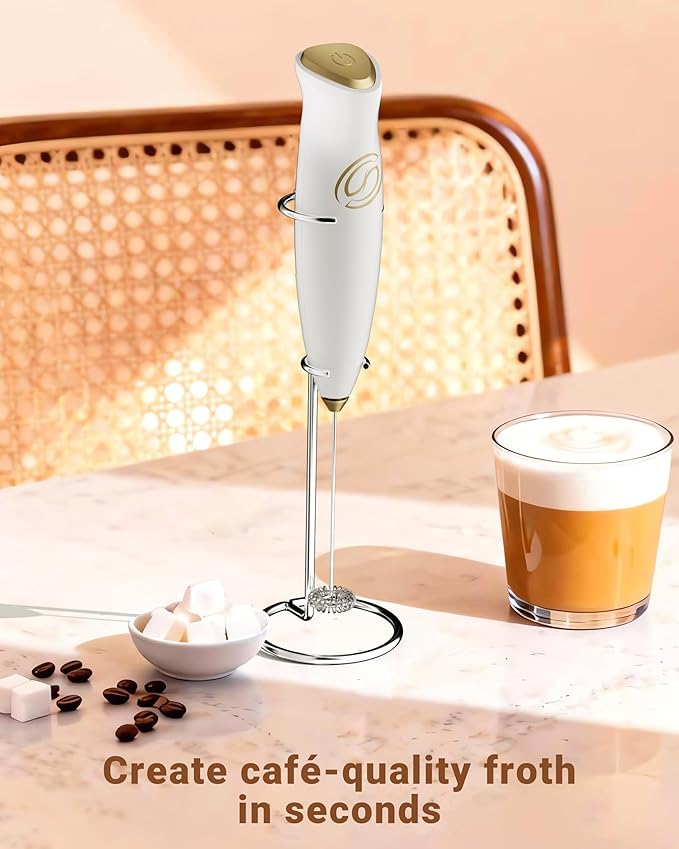 HeyLotie Milk Frother With Stand Handheld Frother Wand Drink Mixer Handheld Coffee Stirrers Electric Frother for Coffee Mixer Wand with 2 Whisk frother for protein powder-White/Gold