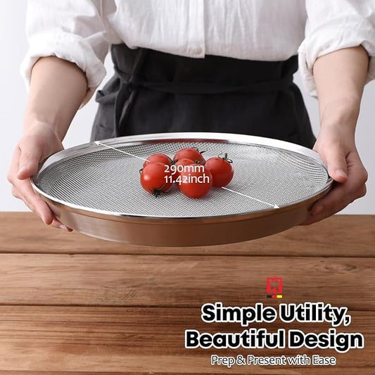 Stainless Steel Mesh Tray Set with Drip Pan, Air Fryer Basket and Tray, Kitchen Colander, Vegetable and Fruit Strainer, Food Filter, BBQ Prep Tool, Fruit Serving Dishes (11.42 inch)