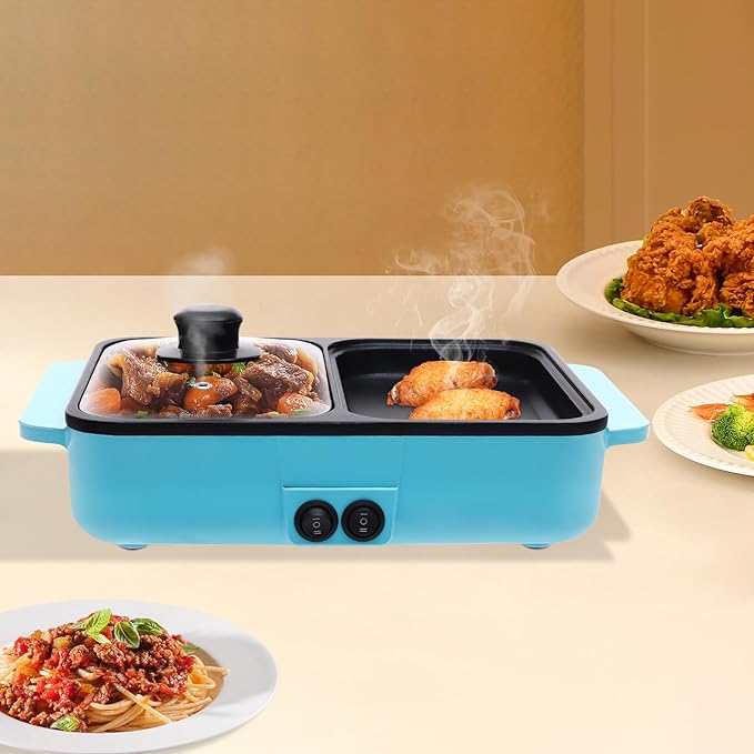 Electric Hot Pot with Grill, 2-in-1 Non-Stick Pot & Griddle, Dual Temp Control 149°F/482°F, 1200W Fast Heating, 2L Hot Pot & 1L Frying Pan for 1-5 People, Indoor BBQ, Black (Blue)