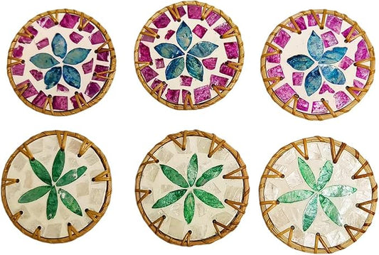 6 PCS Beverage Coasters, Handmade Rattan/Colorful Shell/Coffee&Tea Cup Coasters, Insulated and Cold Proof Beverage, Desktop Protection, and Special Home Gifts