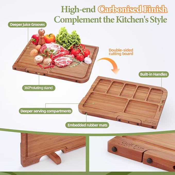 XL Bamboo Cutting Board with Innovative Stand - Durable Double Sided Chopping Board with Juice Groove & Handle for Meal Prep, Meat, Fruit, Charcuterie Serving, Eco-Friendly Healthy Kitchen Gift