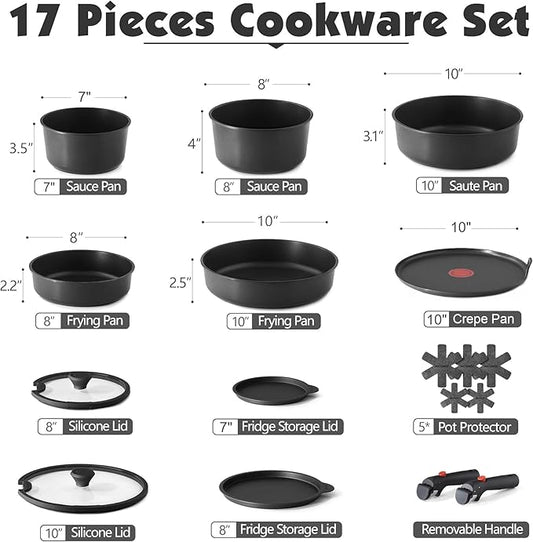 SENSARTE 17 Piece Pots and Pans Set, Nonstick Detachable Handle Cookware Set, Induction Thermo-Signal Cookware Set with Removable Handle, Healthy Non Stick for RV, Dishwasher & Oven Safe (Black)