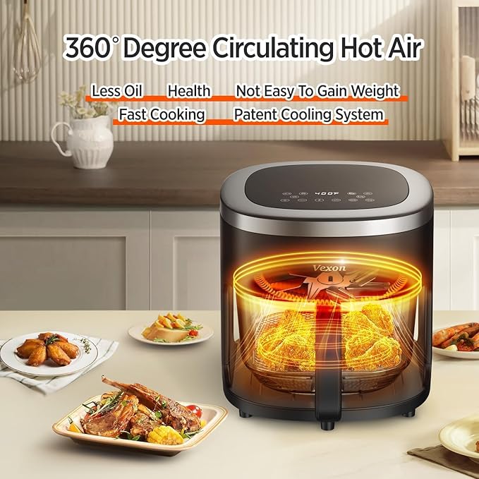 6-IN-1 Glass Air Fryer with 4.5 QT Capacity,Air Fry, Roast, Reheat, Dehydrate, Air Crisp Technology,Nonstick & Dishwasher Safe Basket,97% Less Oil,Features Digital Timer1