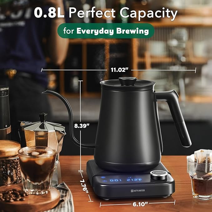 HIYAKOI Gooseneck Electric Kettle with ±1℉ Temperature Control, Pour Over Kettle for Coffee & Tea, 1200W Rapid Heating, Stainless Steel Water Boiler with 12H Keep Warm & Built-in Timer, 0.8L/27oz