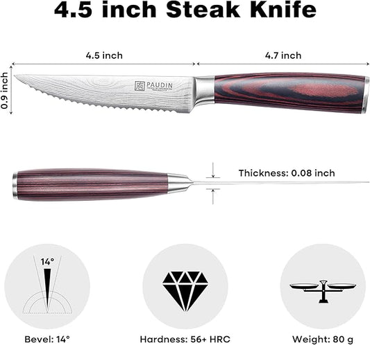 PAUDIN Steak Knives Set of 6, Kitchen Steak Knife 4.5 Inch, High Carbon Stainless Steel Steak Knives, Serrated Steak Knife with Pakkawood Handle, Dinner Knives with Gift Box